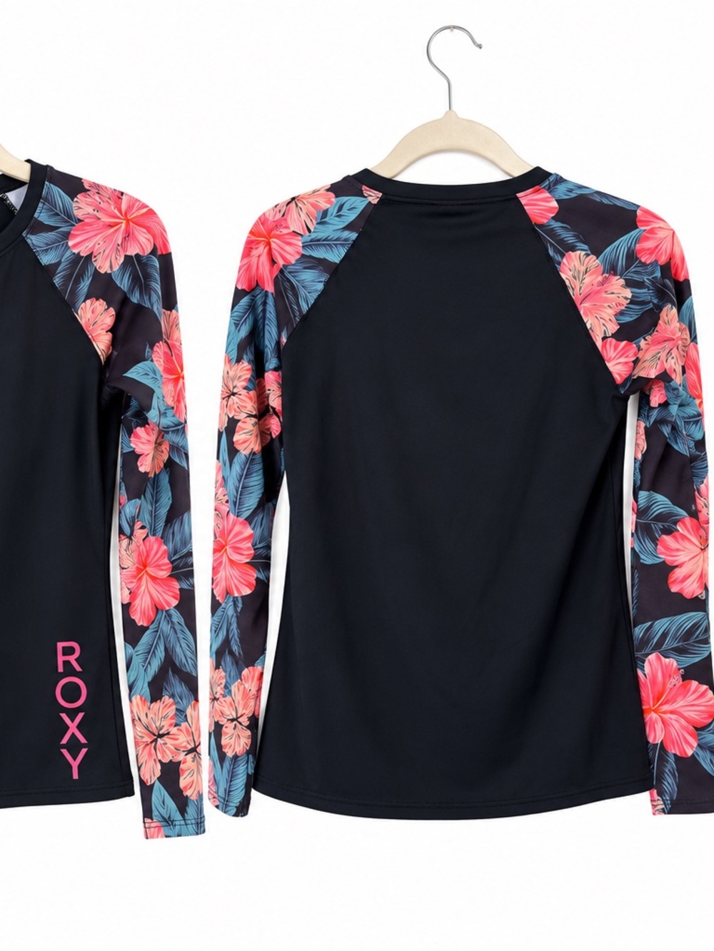 Roxy Black Rash Guard with Pink Floral Raglan Sleeves Swim Top